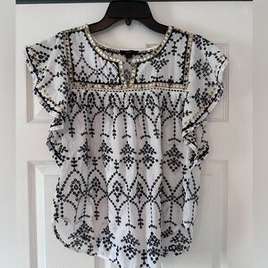 J. Crew Black and White Flutter Sleeve Blouse